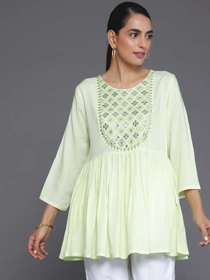Libas Geometric Embroidered Mirror Work Pleated Kurti