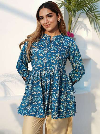 Gerua By Libas Ethnic Motifs Printed Mandarin Collar Tie Up A-Line Kurti