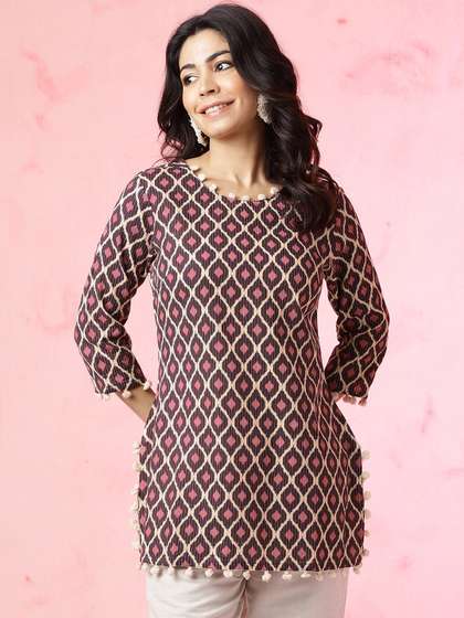 Anouk X fwd Purple Geometric Ikat Printed Pure Cotton Straight Short Kurti