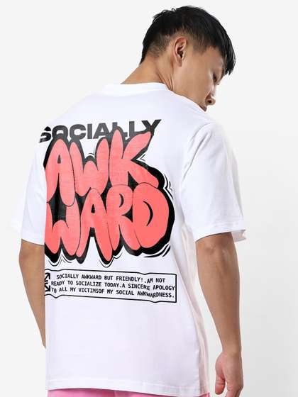 Crazymonk Socially
                      Awkward Printed Drop Shoulder Pure Cotton
                      Oversized T-Shirt