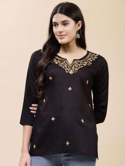 QAZMI Floral Embroidered Aari Work Straight Kurti