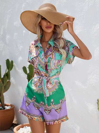 StyleCast Green Floral Printed Shirt Collar Playsuit