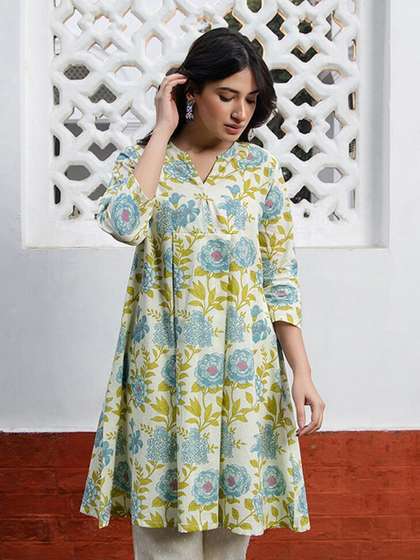 Janasya Women's Off White Pure Cotton Floral Printed Regular Tunic