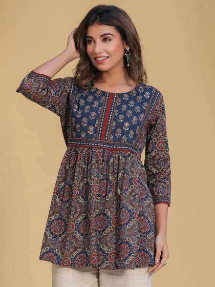 Rain & Rainbow Ethnic Motifs Printed Sequinned Pure Cotton A-Line Kurti