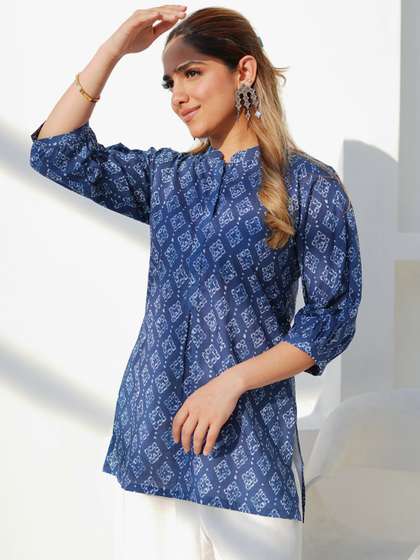 Libas Geometric Printed Mandarin Collar Three-Quarter Sleeves Pure Cotton Kurti