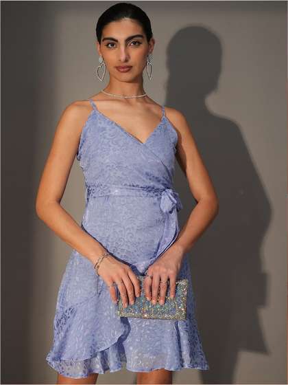 Tokyo Talkies Blue
                      Self Design Shoulder Straps Wrap Dress