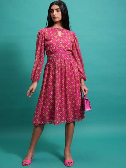 Tokyo Talkies Pink
                          Floral Printed Keyhole Neck Fit & Flare
                          Dress