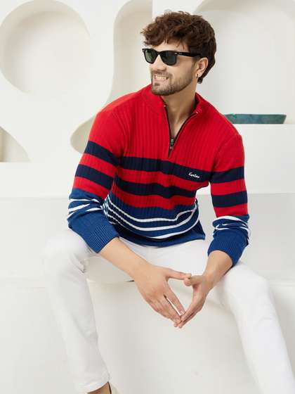 KVETOO Striped
                        Turtle Neck Half Zipper Acrylic Pullover
                        Sweater