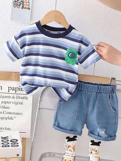 INCLUD Boys Striped
                    Round Neck T-shirt with Shorts