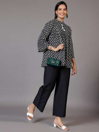 Gerua By Libas Black Floral Printed Mandarin Collar Flared Sleeves Pure Cotton Empire Kurti