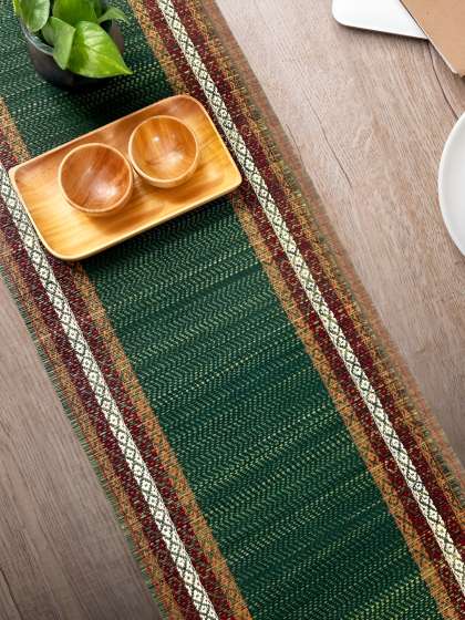 Peepul Tree Green & Brown Self-Design Dining Table Runner