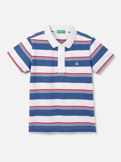 United Colors of Benetton Boys Striped Polo Collar Pure Cotton Pockets T-shirt