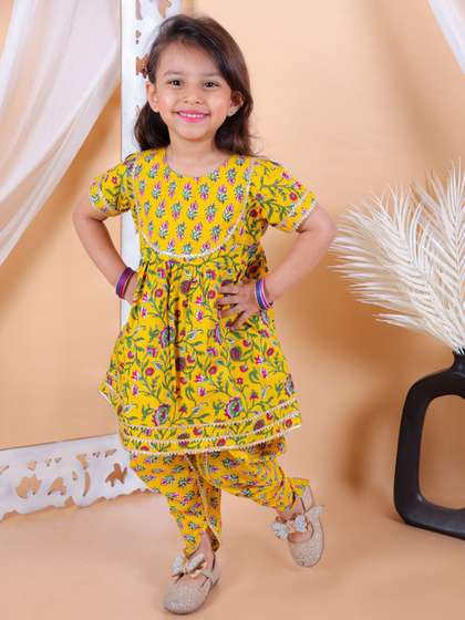 BownBee Girls Floral
                    Printed A-Line Gotta Patti Pure Cotton Kurta With
                    Dhoti Pants