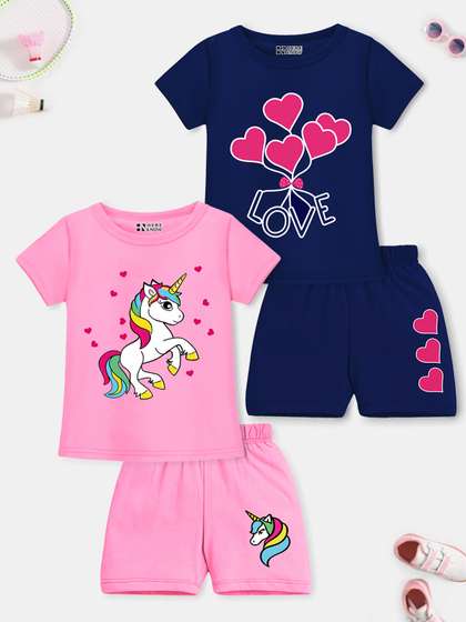 HERE&NOW Girls Pink
                    & Blue Printed T-shirt with Shorts
