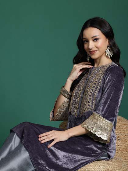 Sangria Velvet Zari Yoke Design Kurta with Palazzos