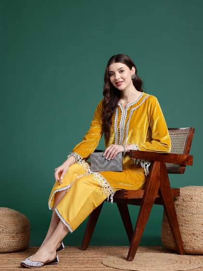 Sangria Velvet Kurta with Trousers