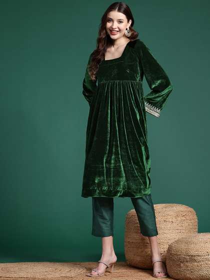 Sangria Women Velvet Pleated Kurta with Trousers