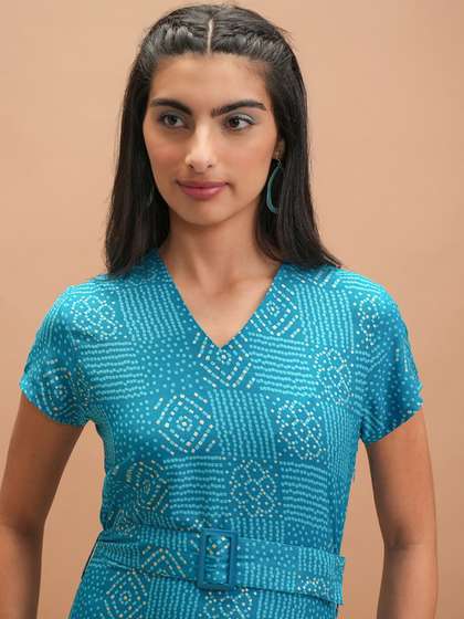 Vishudh Teal Blue
                        Self Design V-Neck A-Line Midi Dress