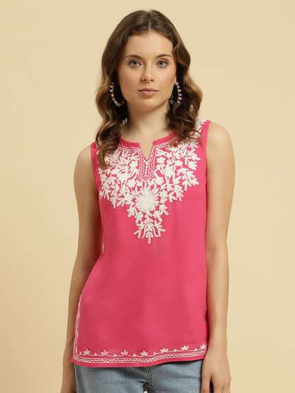 QAZMI Floral Embroidered Kashmiri Sleeveless Kurti