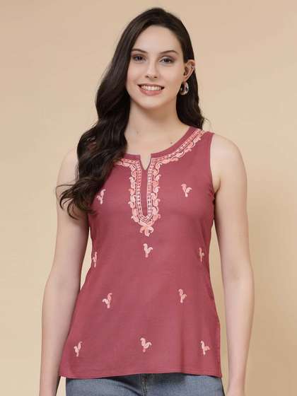 QAZMI Qazmi Laiba Kashmiri Aari Work Sleeveless Kurti