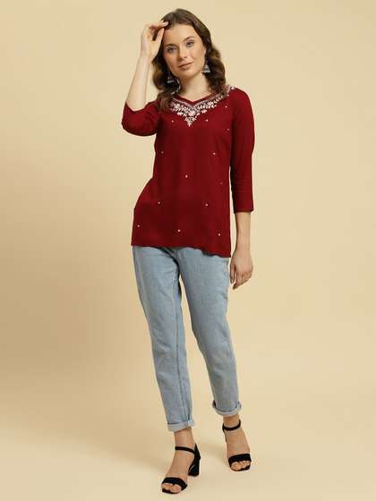 QAZMI Kashmiri Pashmina Work V-Neck Straight Kurti