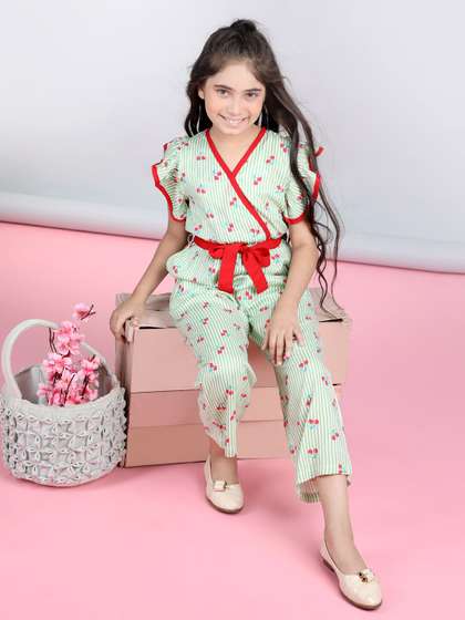 StyleStone Girls Green
                    Striped V-Neck Waist Tie Ups Cotton Basic Jumpsuit