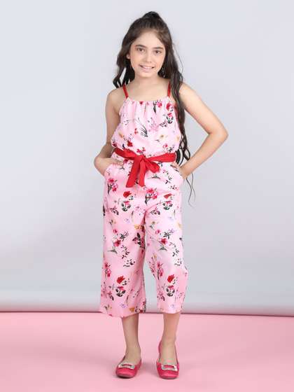 StyleStone Girls Pink
                    Floral Printed Shoulder Straps Waist Tie Ups Basic
                    Jumpsuit