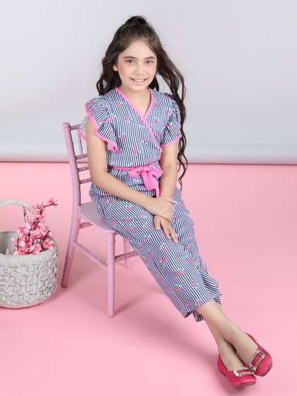 StyleStone Girls Blue
                    Striped V-Neck Waist Tie Ups Cotton Basic Jumpsuit