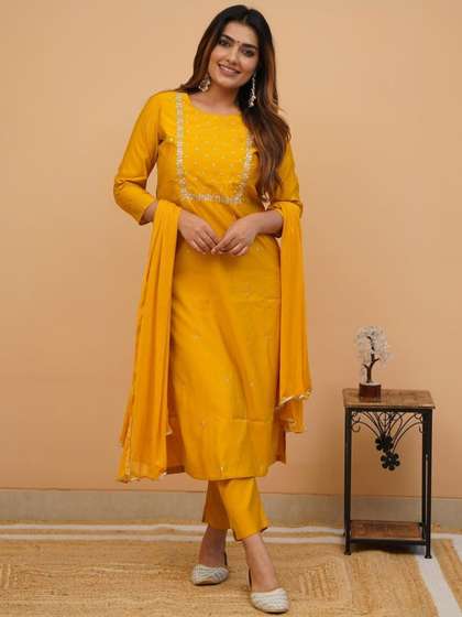 KALINI Ethnic Motifs Embroidered Regular Thread Work Kurta with Trousers & Dupatta