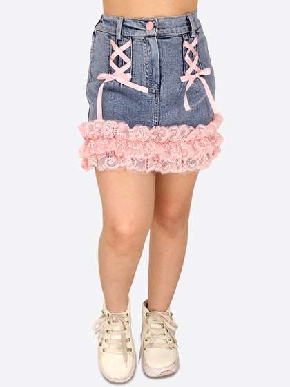 CUTECUMBER Girls
                        Lace Inserts Detailed Denim A-line Skirt