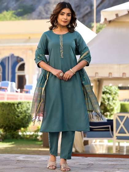 Vishudh Turquoise Blue Floral Yoke Design Straight Kurta & Trousers With Dupatta