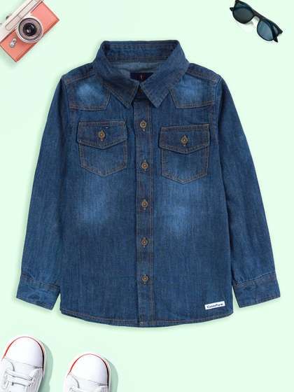 KiddoPanti Boys Double
                    Pocket Faded Opaque Casual Denim Shirt