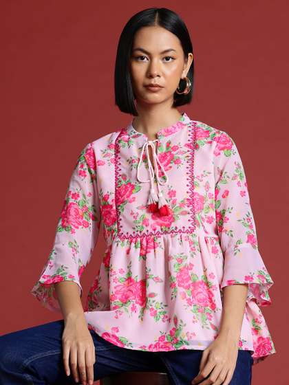 all about you X fwd Floral Print Thread Work Pleated Short Kurti