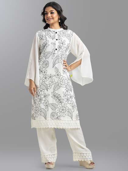 SACRED SUTA Floral Embroidered Regular Thread Work Silk Georgette Kurta with Trouser