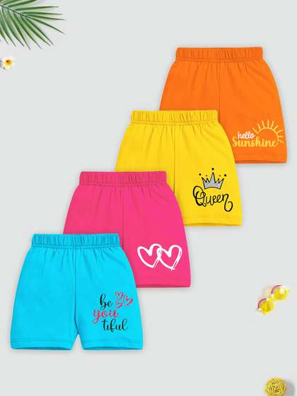 HERE&NOW Girls Pack
                    Of 4 Blue Mid-Rise Typography Printed Cotton Shorts