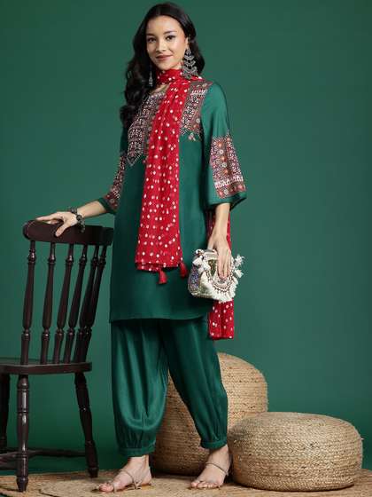 Sangria Ethnic Motifs Print Flared Sleeve Kurta with Salwar & With Dupatta