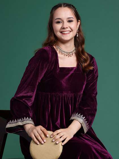 Sangria Square Neck Flared Kurta with Trousers