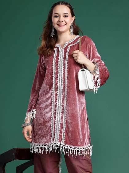 Sangria Velvet Finish Lace Detail Kurta with Trousers