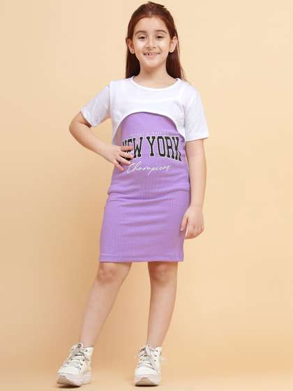 YK Girls Typography
                    Printed Shoulder Straps Cotton A-Line Dress With
                    Crop T-Shirt