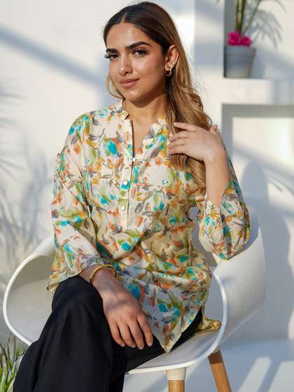 Gerua By Libas Floral Printed Mandarin Collar A-Line Kurti