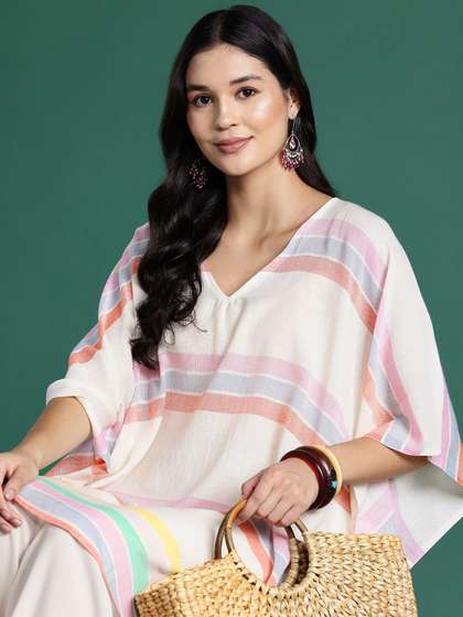 Sangria Striped Flared Sleeves Jacquard Kaftan Kurta