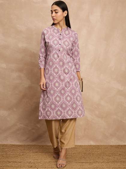 all about you X fwd Purple Ethnic Motifs Printed Mandarin Collar Cotton Straight Kurta