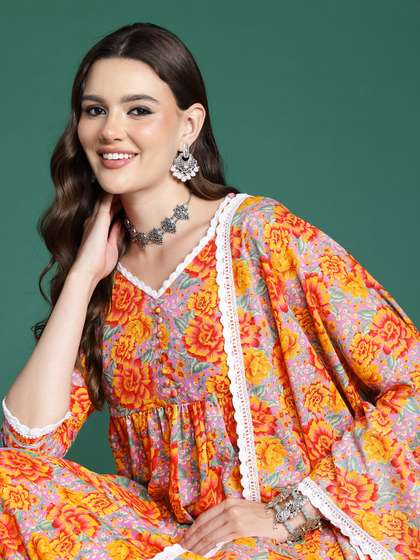Sangria Women Floral Printed Empire Kurta with Trousers & With Dupatta