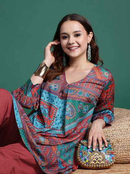 Sangria Ethnic Printed Pleated Fusion Kurta Set