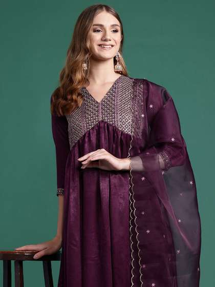Sangria Sequin Thread Embroidered Velvet Finish Empire Kurta Set