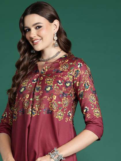 Sangria Floral Printed Pleated Kurta Set