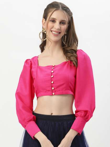 studio rasa Square Neck Chroma Silk Button-Down Saree Blouse