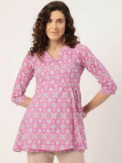 FERANOID Ethnic Motifs Printed V-Neck Pure Cotton Angrakha Kurti