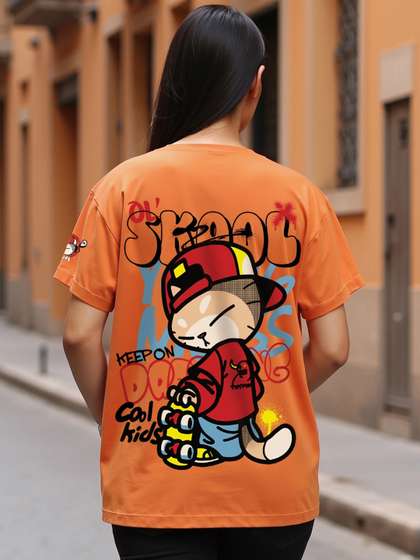 Bewakoof
                        Orange-Coloured Skool Printed Drop-Shoulder
                        Sleeves Cotton Relaxed Fit T-shirt
