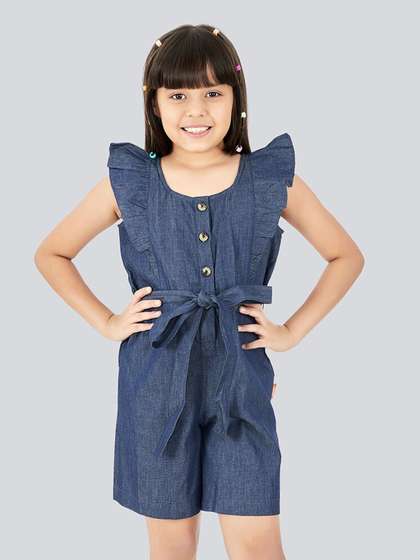 Olele Girls Ruffled
                    Waist Tie-Ups Cotton Denim Playsuit